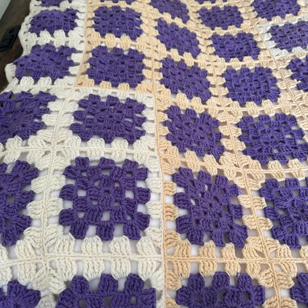 Vintage Handmade Crochet Granny Square Blanket Purple Cream Tassel Fringe King